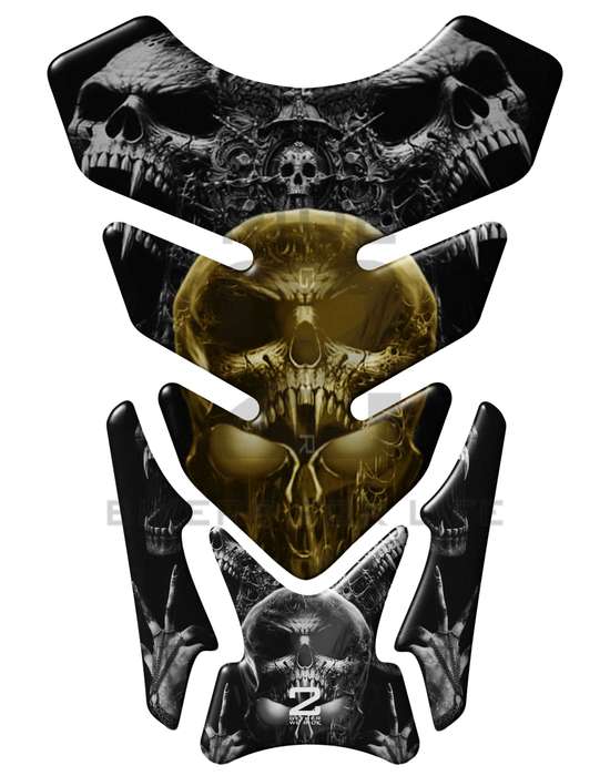 Universal Fit Black and Gold Bling Skull  Motor Bike Tank Pad Protector.  A Street Pad which fits...