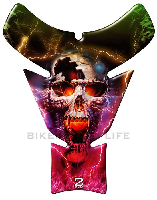 Universal Fit Multi Colour Thunder Flaming Skull Motor Bike Tank Pad Protector. A Street Pad whic...