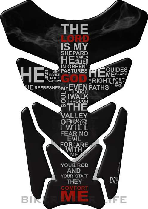 Motor Bike Tank Pad. Religious Range. Jesus crucifix  Psalm 23 Black and Silver. Universal Fit. C...