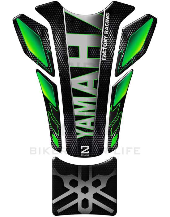 Yamaha Factory Racing Green, Silver and Black Carbon Fibre. Universal Fit Motor Bike Tank Pad Pro...