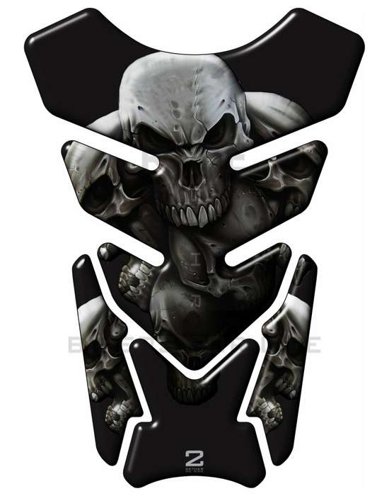 Universal Fit Black and Silver 5 Skull Tank Pad Protector. A street pad which fits most models.