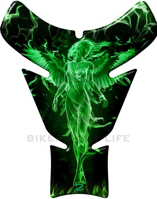 Green and Black Universal Fit Angelic Flaming Tank Pad Protector. A street pad which fits most mo...