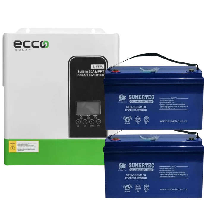 ECCO 3.5KVA / 3500W MPPT 60A PURE SINE WAVE 3500 WATT 2 X 100AH GEL BATTERIES LOAD SHEDDING COMBO