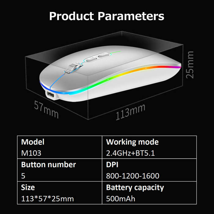 2.4G+BT5.1 Dual-mode Wireless Mouse Ergonomic Mouse 3-gear Adjustable DPI Built-in 500mAh Rechargeab