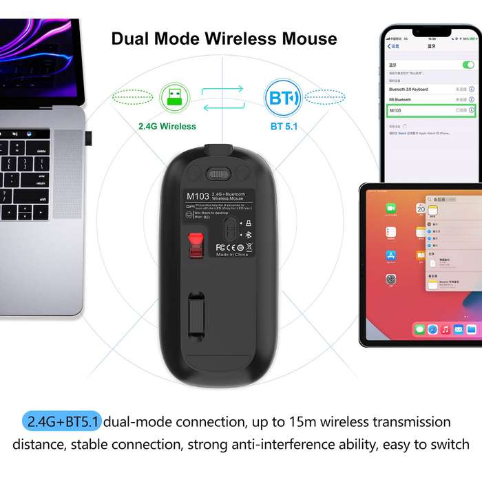 M103 2.4G+BT5.1 Wireless Dual-mode Mouse Ergonomic Office Mice 3-gear Adjustable DPI Built-in 500mAh