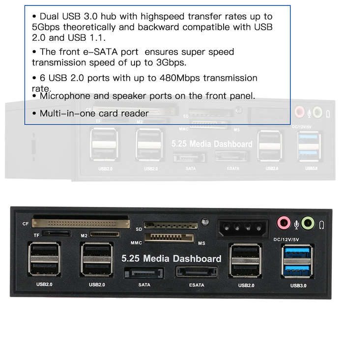Multi-Function USB 3.0 Hub eSATA SATA Port Internal Card Reader PC Dashboard Media Front Panel Audio