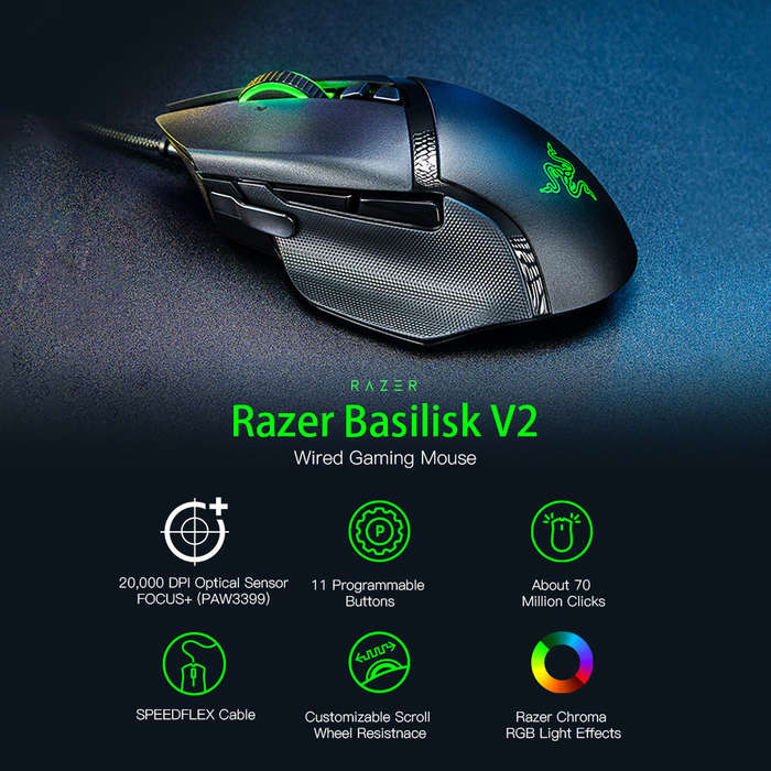 Razer Basilisk V2 Gaming Mouse 20000 DPI Optical Sensor Chroma RGB Lighting 11 Programmable Buttons
