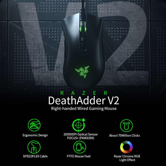 Razer DeathAdder V2 Wired Gaming Mouse 20000DPI Optical Sensor FOCUS+ (PAW3399) Chroma RGB Mice 8 Pr
