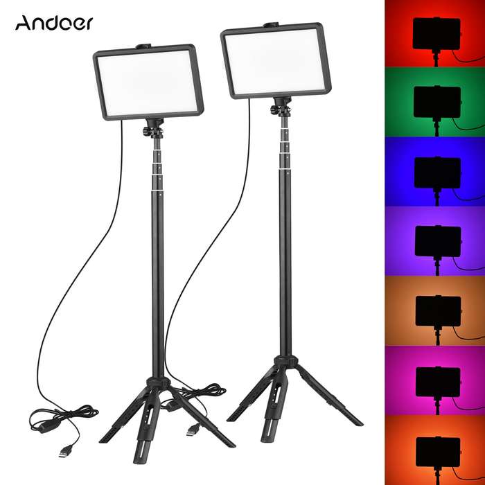 Andoer Portable RGB Video Light Kit with 2 * LED Video Light 7 Colors Lighting 3200K-5600K 10 Levels