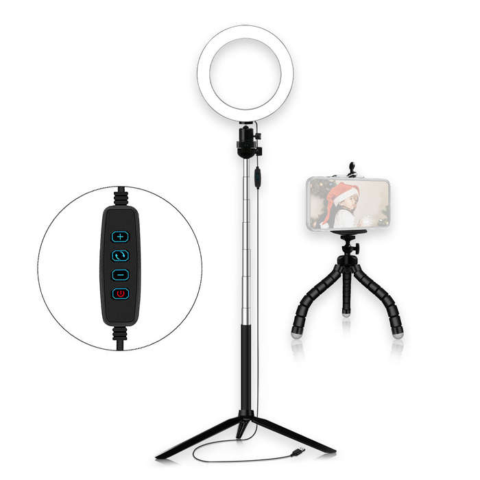 20cm/8inch LED Ring Light 3 Colors 3500-6500K Temperature 10 Levels Dimmable with Tripods Phone Hold