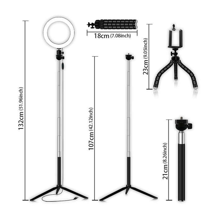 20cm/8inch LED Ring Light 3 Colors 3500-6500K Temperature 10 Levels Dimmable with Tripods Phone Hold