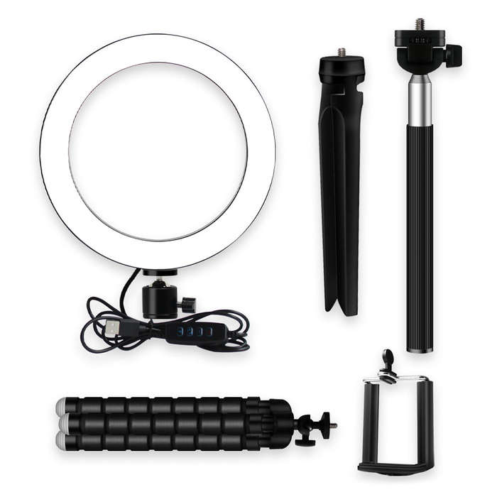 20cm/8inch LED Ring Light 3 Colors 3500-6500K Temperature 10 Levels Dimmable with Tripods Phone Hold