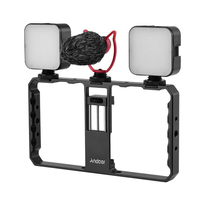 Andoer Smartphone Video Rig Grip with Rig Dual LED Light Microphone with Shock Mount for Vlog Film-m
