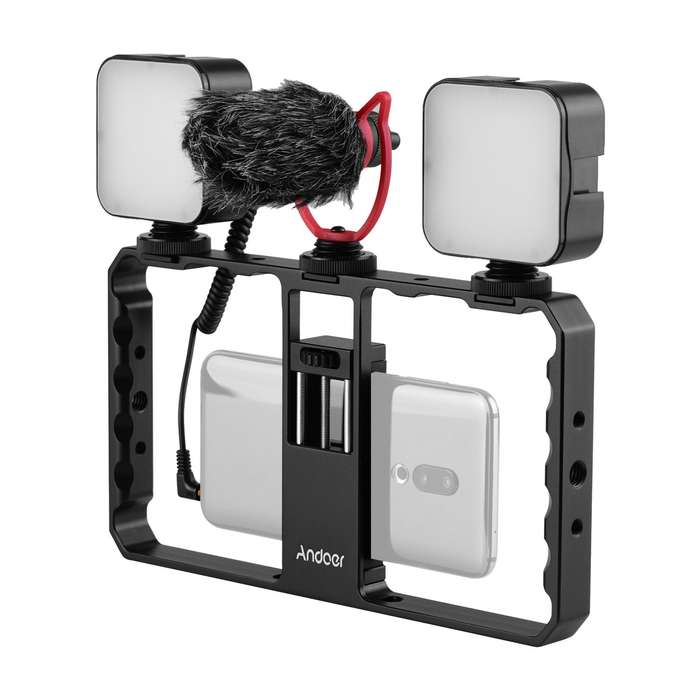 Andoer Smartphone Video Rig Grip with Rig Dual LED Light Microphone with Shock Mount for Vlog Film-m