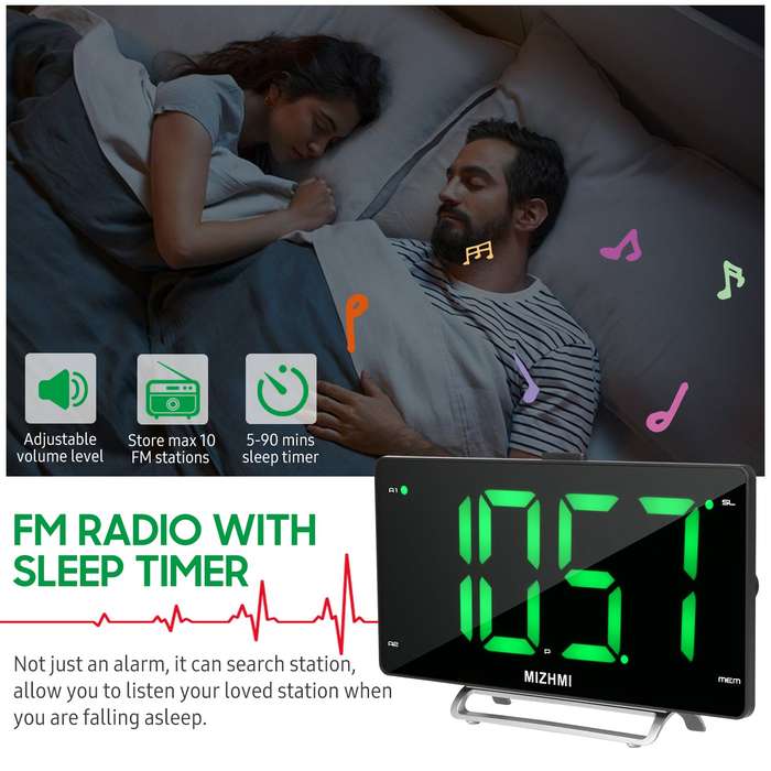 Digital Alarm Clock Radio with Dual Alarm Dimmer 9-inch LED Display FM Radio Sleep Timer Adjus