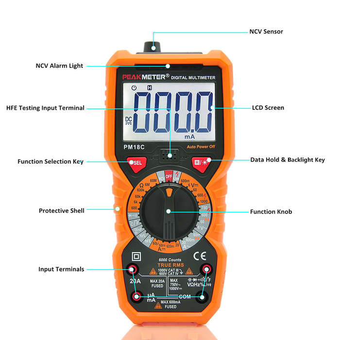 PEAKMETER PM18C True RMS Multifunctional Digital Multimeter Measuring AC/DC Voltage Current Re