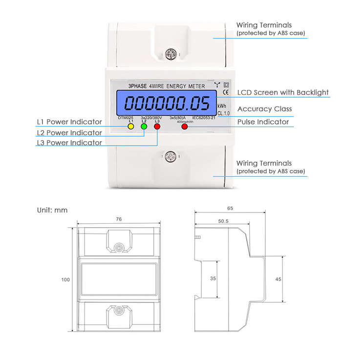 3 Phase 4 Wire Energy Meter 220/380V 5-80A Energy Consumption kWh Meter DIN Rail Installation