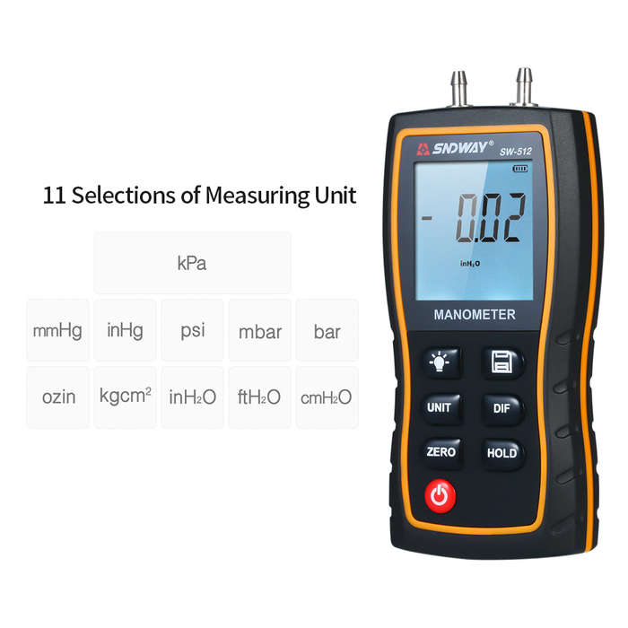SNDWAY High Precision Differential Manometer Hand-held LCD Digital Dual-port Manometer Differe