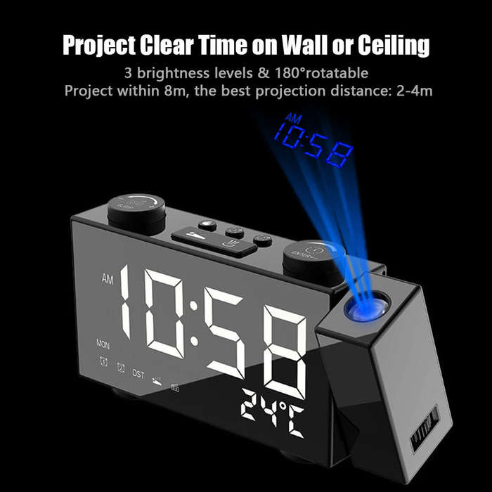 Projection Alarm Clock FM Radio Clock 6 Inches LED Display with 180Adjustable Projector Dual Alarm