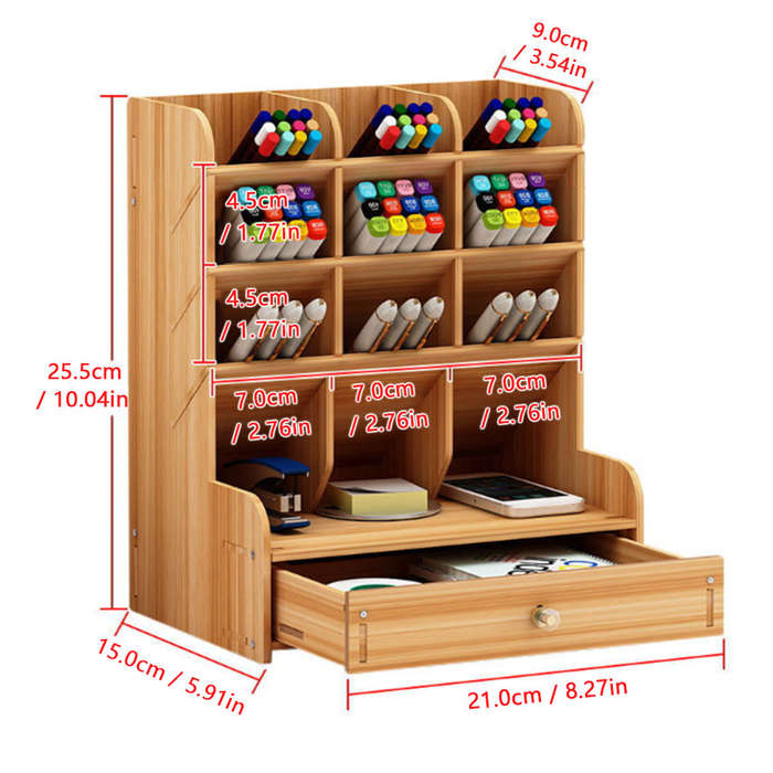 Wooden Desktop Organizer Multi-functional Pen Holder Storage Box Desktop Stationary Storage Organize