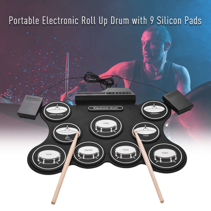Portable USB Roll Up Drum Kit Digital Electronic Drum Set 9 Silicon Drum Pads with Drumsticks