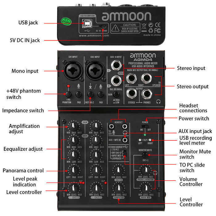 ammoon 4-Channel Mini Mixing Console Digital Audio Mixer 2-band EQ Built-in 48V Phantom Power