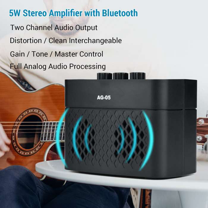 AROMA AG-05 Bluetooth Electric Guitar Amp Amplifier 5-Watt Stereo Output Distortion Gain Tone