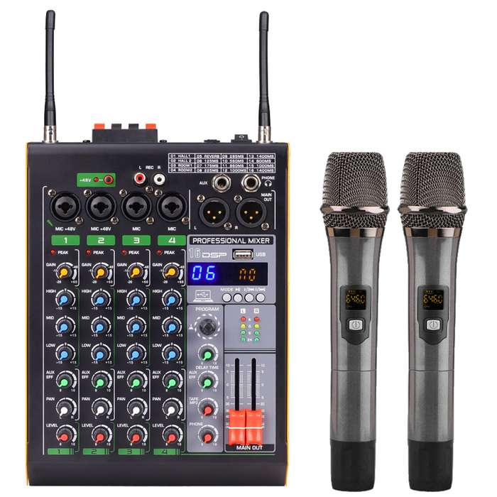 Professional 4-Channel BT Audio Mixer with 2 Wireless Microphones LED Digital Mixing Console