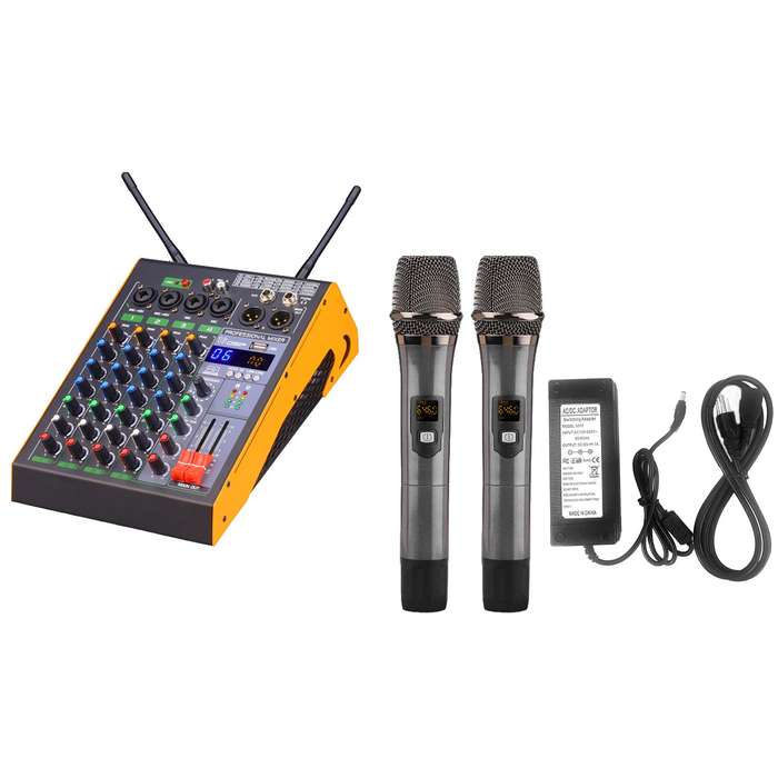 Professional 4-Channel BT Audio Mixer with 2 Wireless Microphones LED Digital Mixing Console