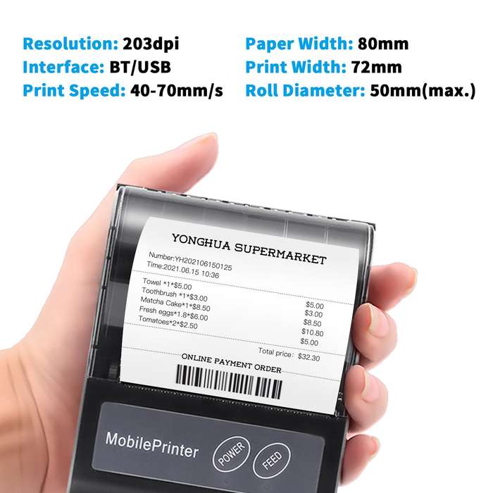 Portable BT 80mm Thermal Receipt Printer Personal Mini Bill POS Mobile Printer with Rechargea