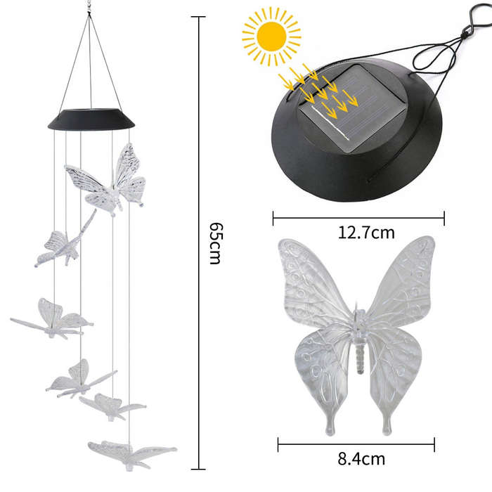Sun Power Energy Powered Wind Chime Lamp Color-changing Butterfly Outdoor Garden Street Sun P