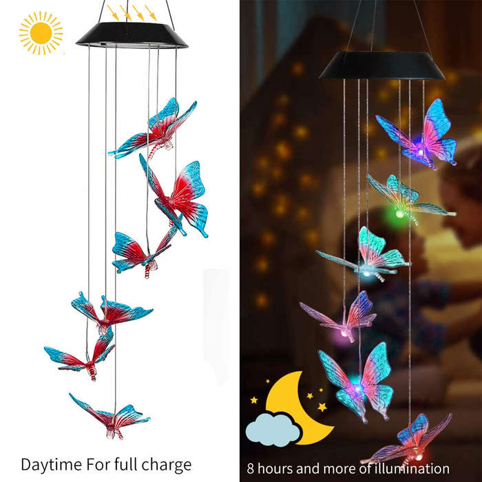 Sun Power Energy Powered Wind Chime Lamp Color-changing Butterfly Outdoor Garden Street Sun P
