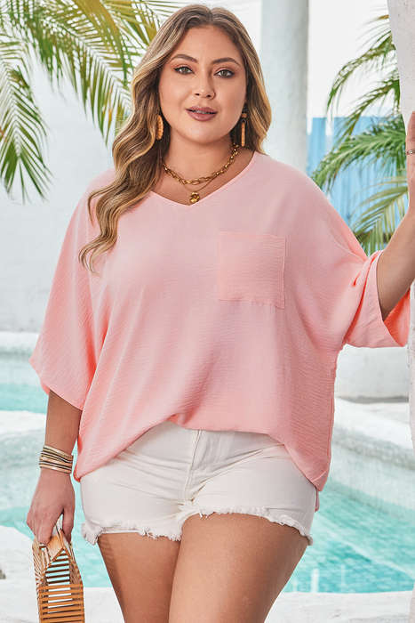Pink Textured Half Sleeve V Neck Plus Size T Shirt with Chest Pocket