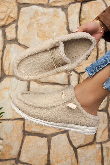 White Lace Up Detail Slip On Sherpa Shoes