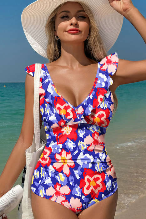 Blue Floral Ruffle Trim V Neck Lace-up Back Tummy Control One Piece Swimsuit