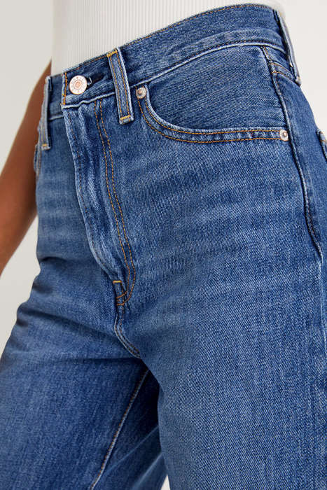 Navy Blue Raw Hem Straight Leg Loose High Waist Jeans