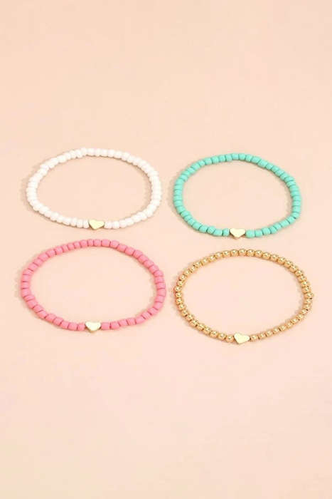 Pink Heart Beaded Multi Layered Bracelet Set