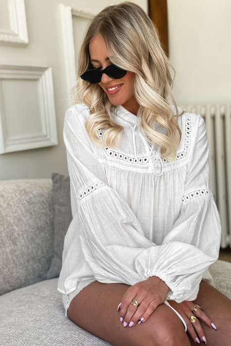 White Drawstring Lace Detail Puff Sleeve Split Neck Spring Fall Blouse