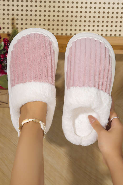 Pink Ribbed Plush Color Block Winter Slippers