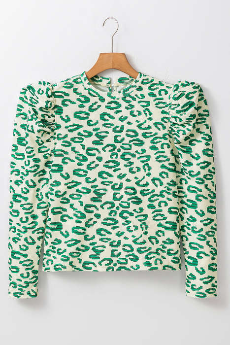 Blackish Green Leopard Print Mock Neck Puff Sleeve Top