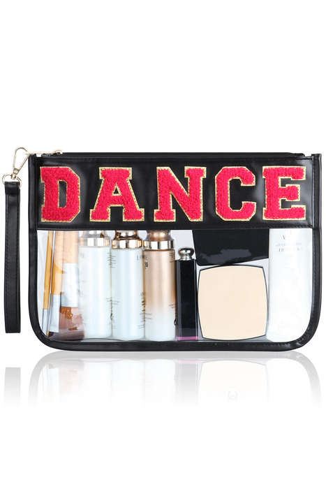 Black DANCE Chenille Letter PU Leather Patchwork Clear Makeup Bag