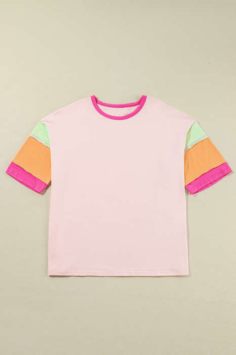 Pink Color Block Stitching Sleeve Round Neck Oversize Top