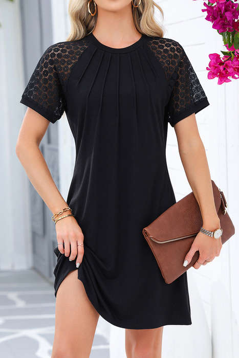 Black Contrast Lace Raglan Sleeve Pleated Detail Shift Dress