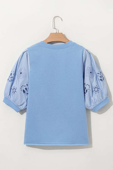 Beau Blue Eyelet Flower Embroidered Puff Short Sleeve Patchwork Crew Neck Blouse
