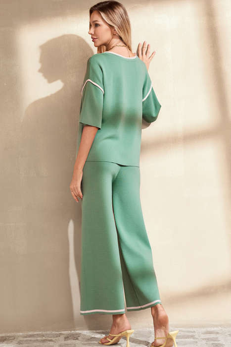 Canton Contrast Trim Half Sleeve Top Drawstring Pants Loose 2pcs Sweater Suit
