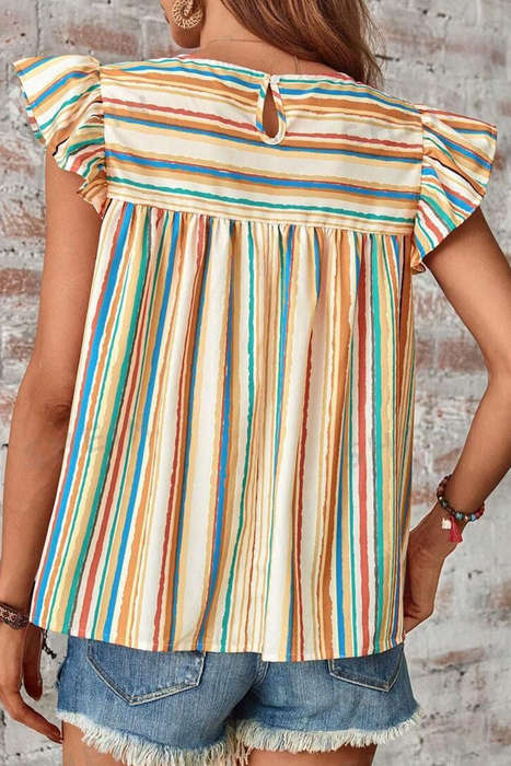 Multicolour Vibrant Stripes Printed Flutter Sleeve Babydoll Blouse
