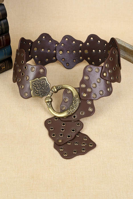 Chestnut Y2K Antique Bronze Circle Grommet Detail Western Leather Belt