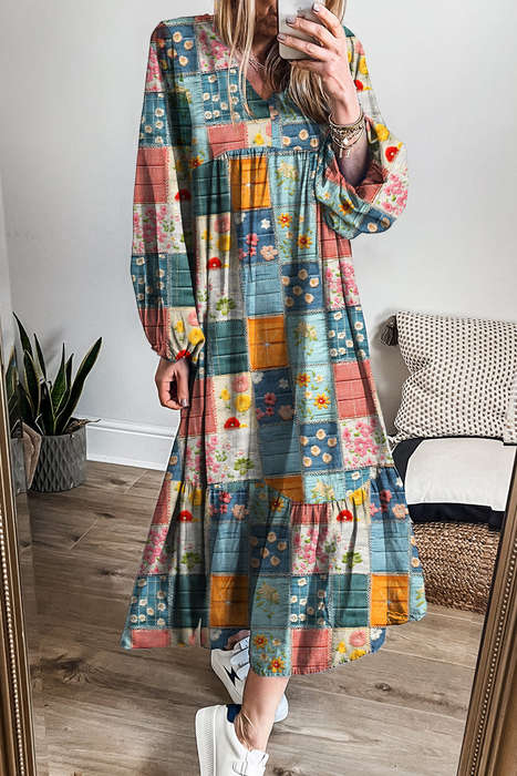 Sky Blue Mix Floral Checkered Pattern Bubble Sleeve Ruffle Hem Dress