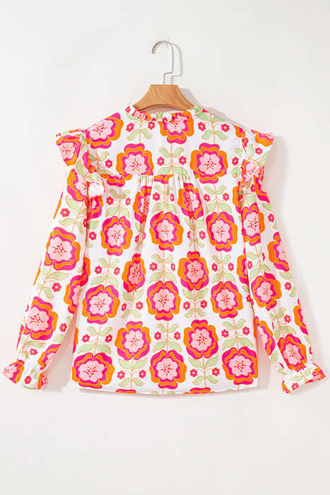 Rose Floral Printed Ruffled Long Sleeve Blouse