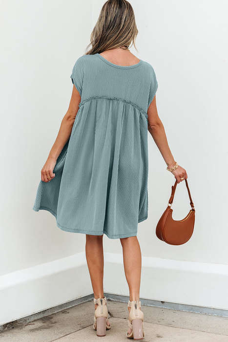 Canton Corded Knit Textured Patched Pocket Frilled Swing Mini Dress with Pockets